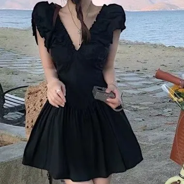 Black V Neck Fit And Flare Mini Dress