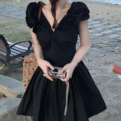 Black V Neck Fit And Flare Mini Dress