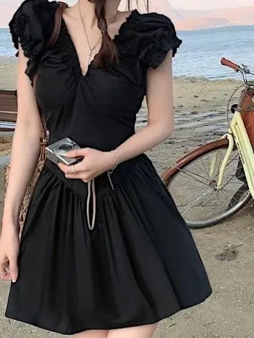 Black V Neck Fit And Flare Mini Dress