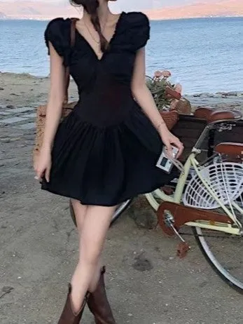 Black V Neck Fit And Flare Mini Dress