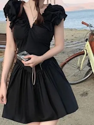 Black V Neck Fit And Flare Mini Dress