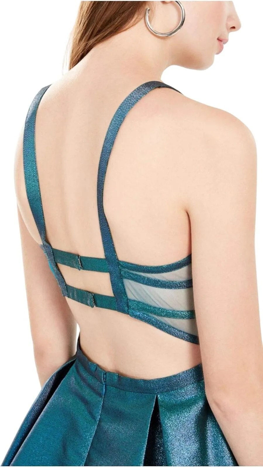 Blondie Nites Juniors Womens Metallic Cage-Back Fit & Flare Dress Blue Green 13