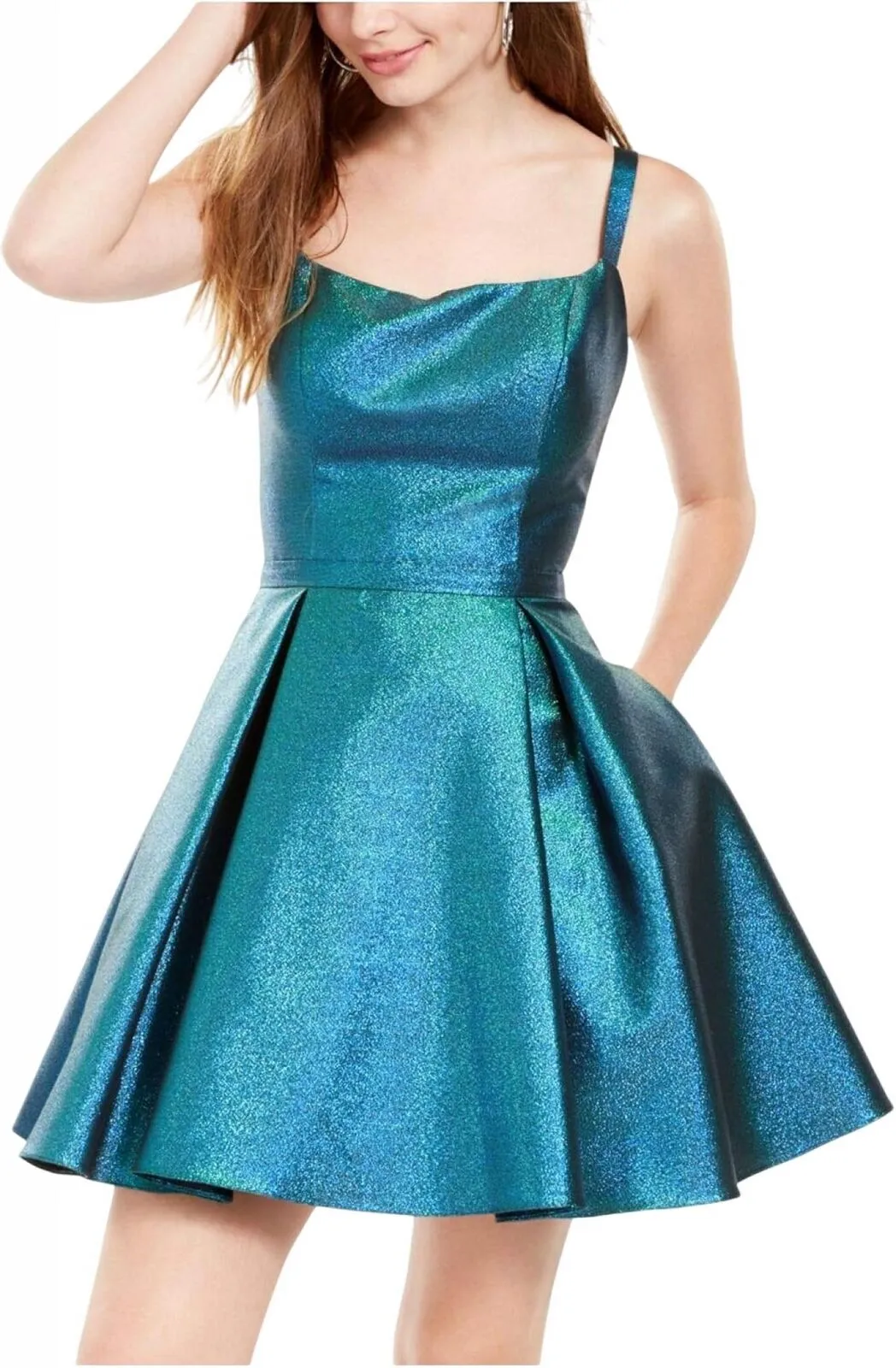 Blondie Nites Juniors Womens Metallic Cage-Back Fit & Flare Dress Blue Green 13