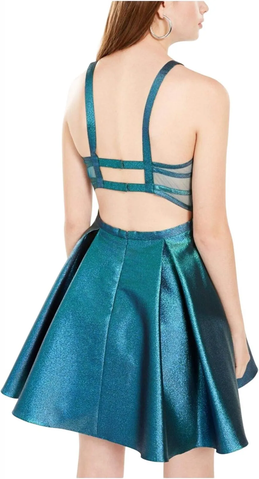 Blondie Nites Juniors Womens Metallic Cage-Back Fit & Flare Dress Blue Green 13