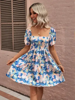 Blue Fit And Flare Mini Boho Dress