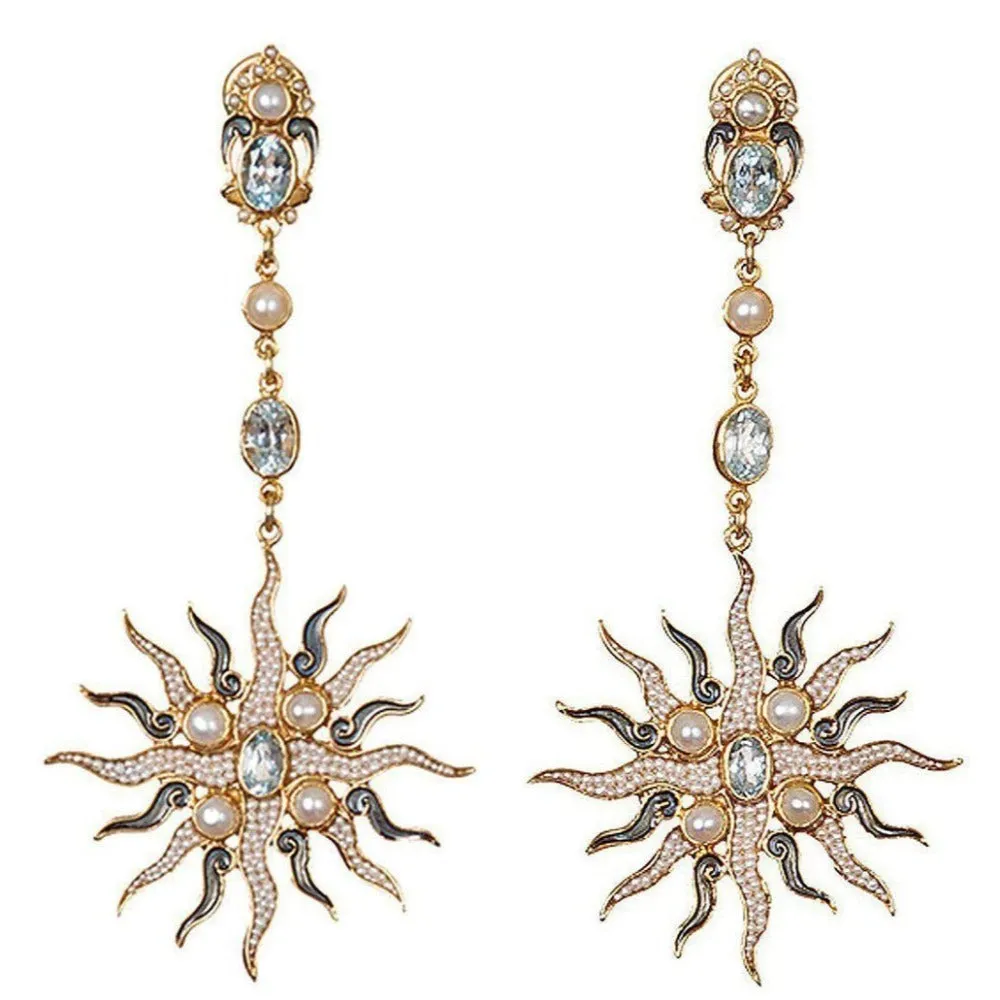 Blue Topaz and Pearl Sunburst earrings