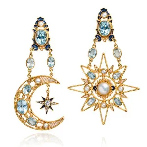 Blue Topaz Pearls Sun and Moon Earrings