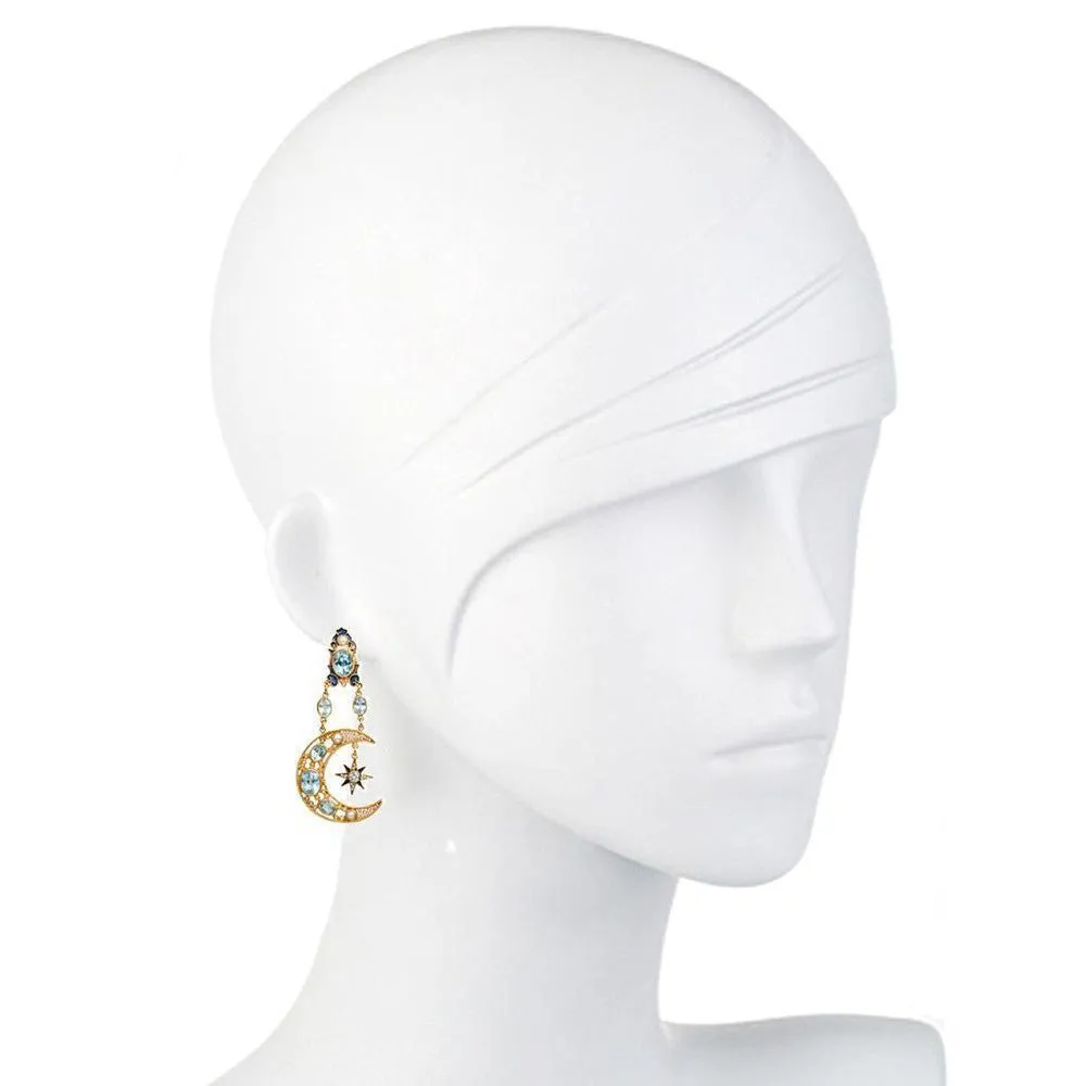Blue Topaz Pearls Sun and Moon Earrings
