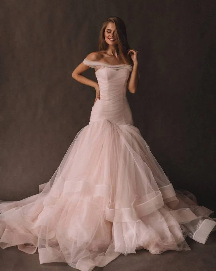 Blush Pink Tulle Wedding Gown Fit&Flare Horsehair Skirt