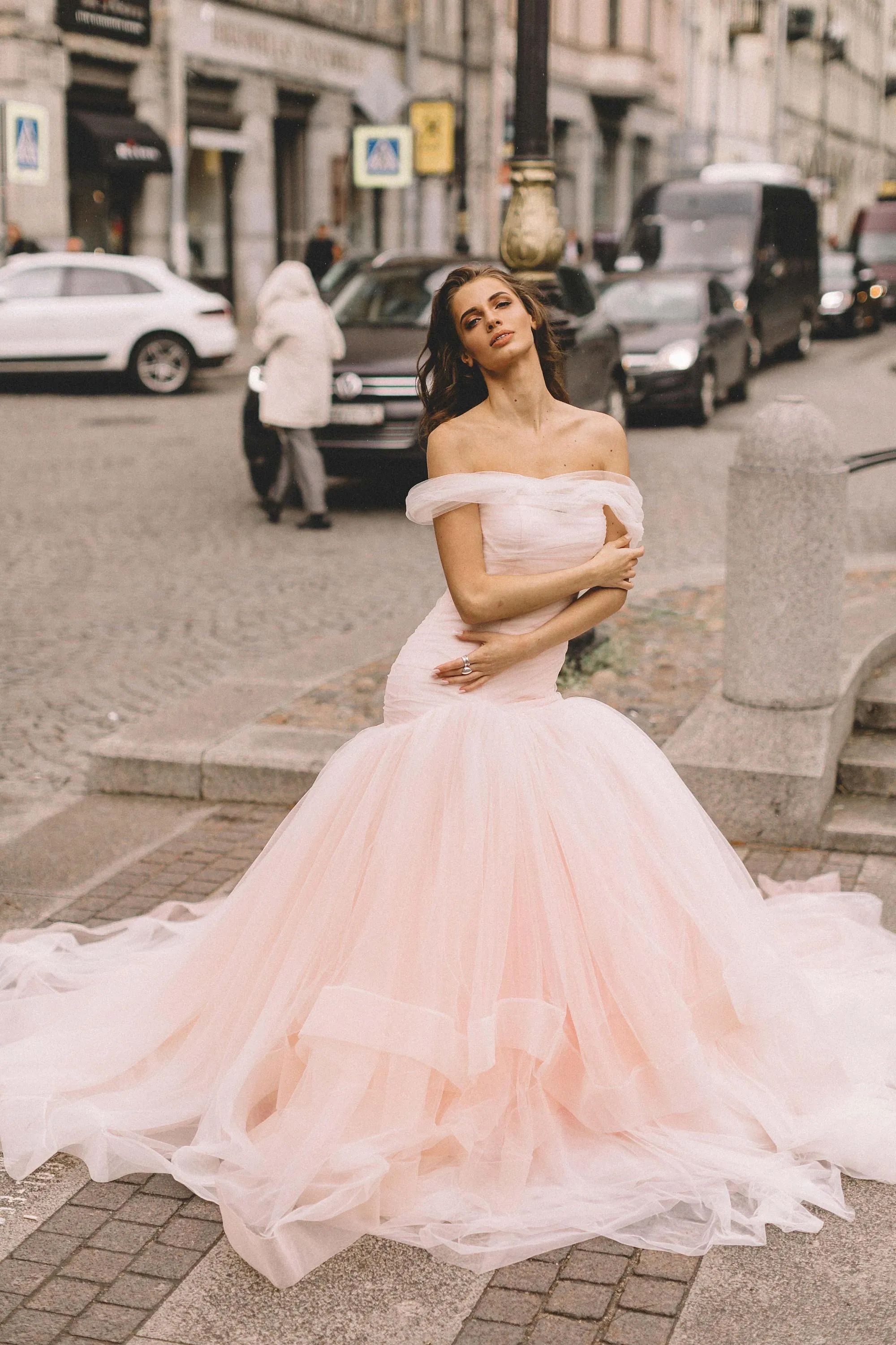 Blush Pink Tulle Wedding Gown Fit&Flare Horsehair Skirt