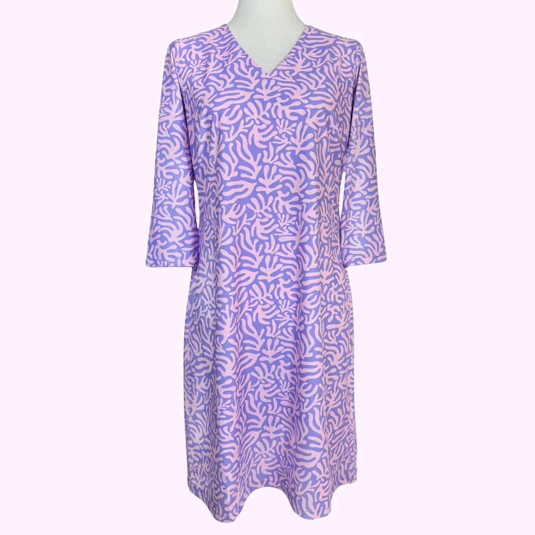 Brisbane V-Neck Dress in Abstract Coral Lilac and Pink Lemonade