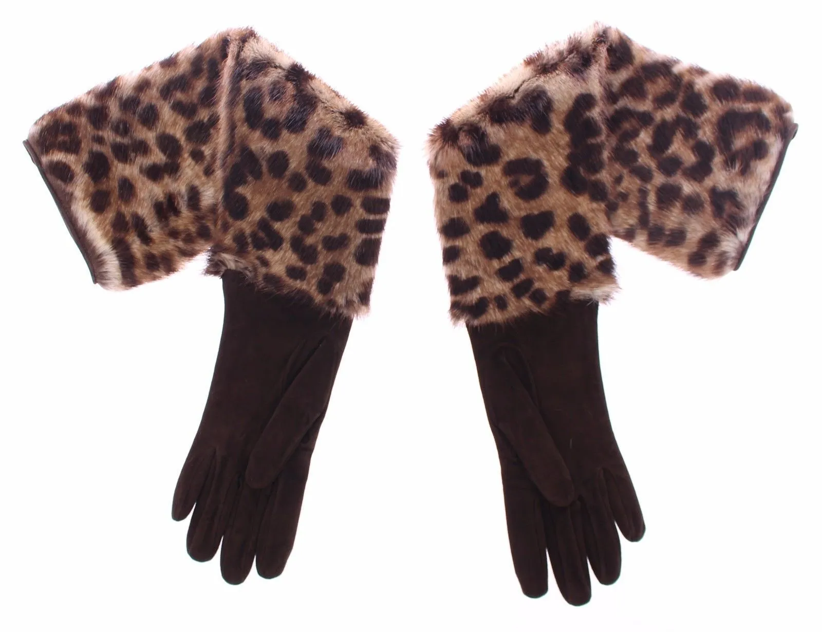 Brown Leather Leopard Raccoon Fur Elbow Gloves
