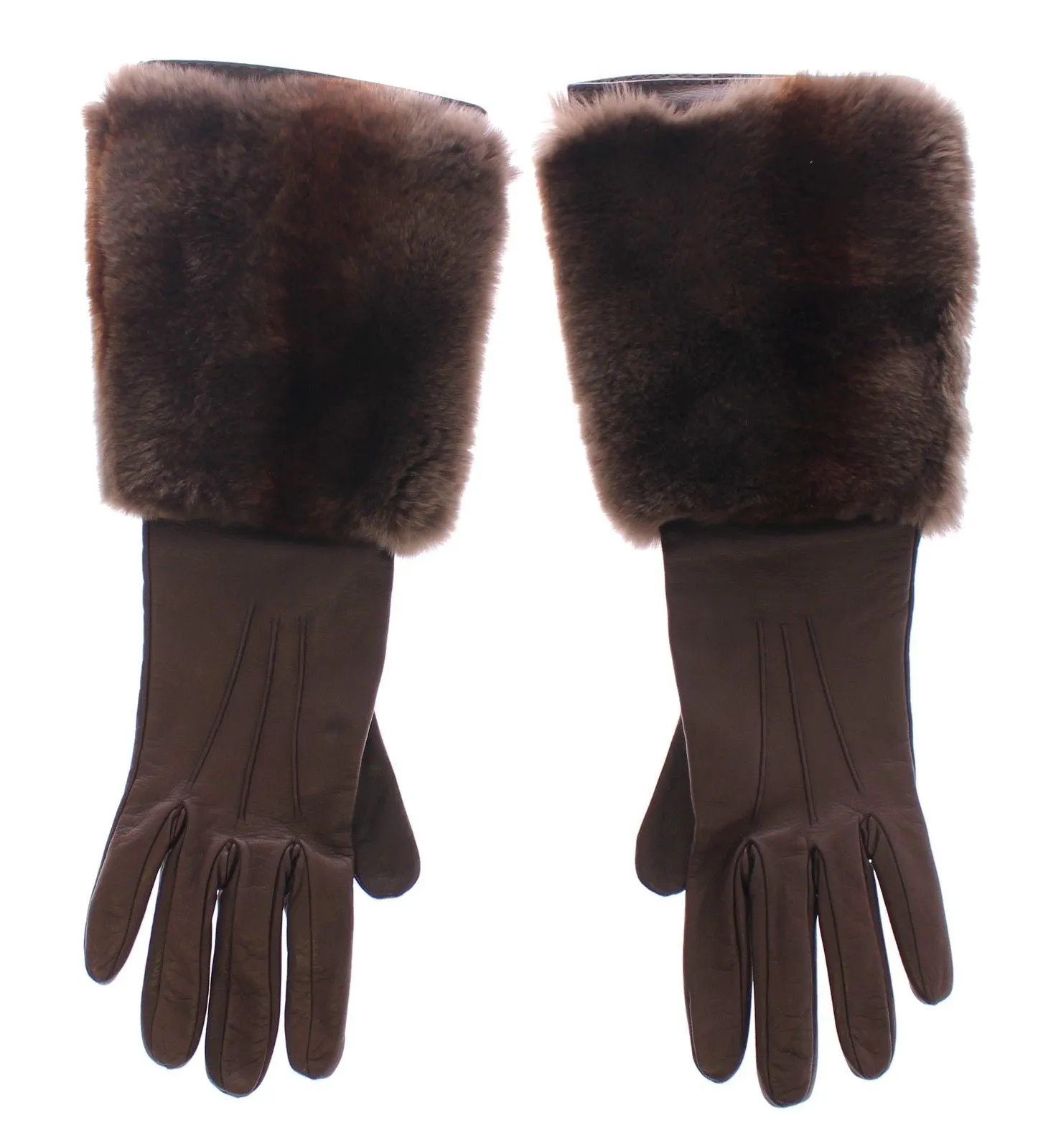 Brown Rabbit Fur Lambskin Leather Gloves Silk