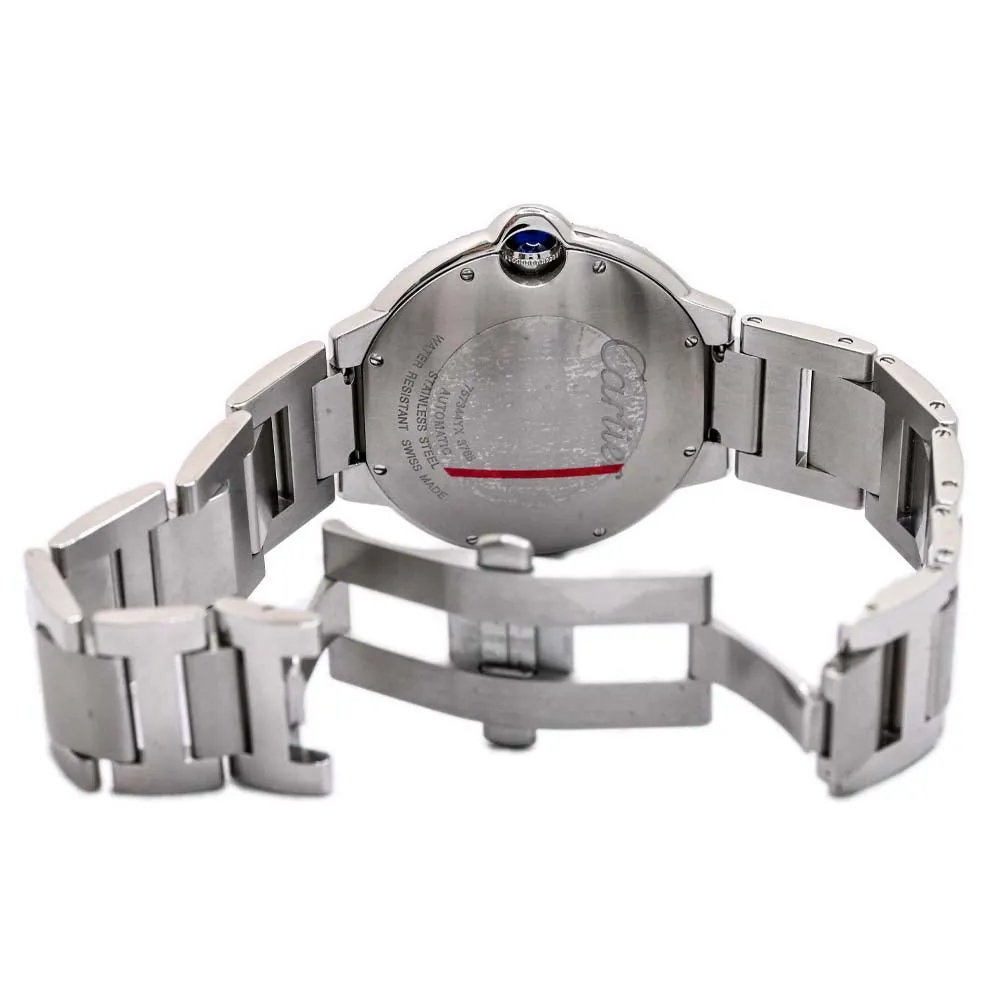 Cartier Mens Ballon Bleu Stainless Steel 42mm Custom ICED OUT Parrot Dial Watch Custom Diamond Bezel Steel Bracelet