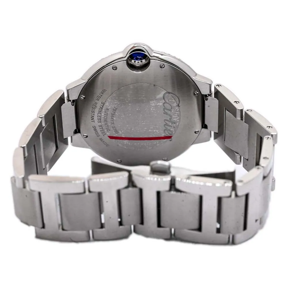 Cartier Mens Ballon Bleu Stainless Steel 42mm Custom ICED OUT Parrot Dial Watch Custom Diamond Bezel Steel Bracelet