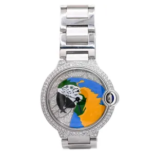 Cartier Mens Ballon Bleu Stainless Steel 42mm Custom ICED OUT Parrot Dial Watch Custom Diamond Bezel Steel Bracelet