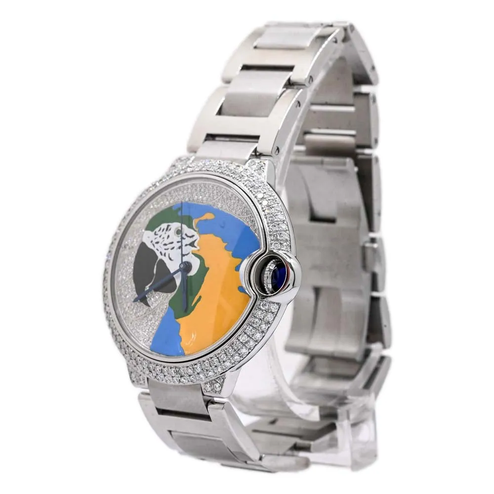 Cartier Mens Ballon Bleu Stainless Steel 42mm Custom ICED OUT Parrot Dial Watch Custom Diamond Bezel Steel Bracelet