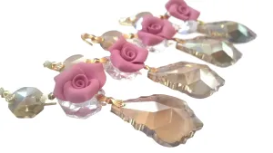 Champagne French Chandelier Crystal Ornaments with Pink Roses, Pack of 5