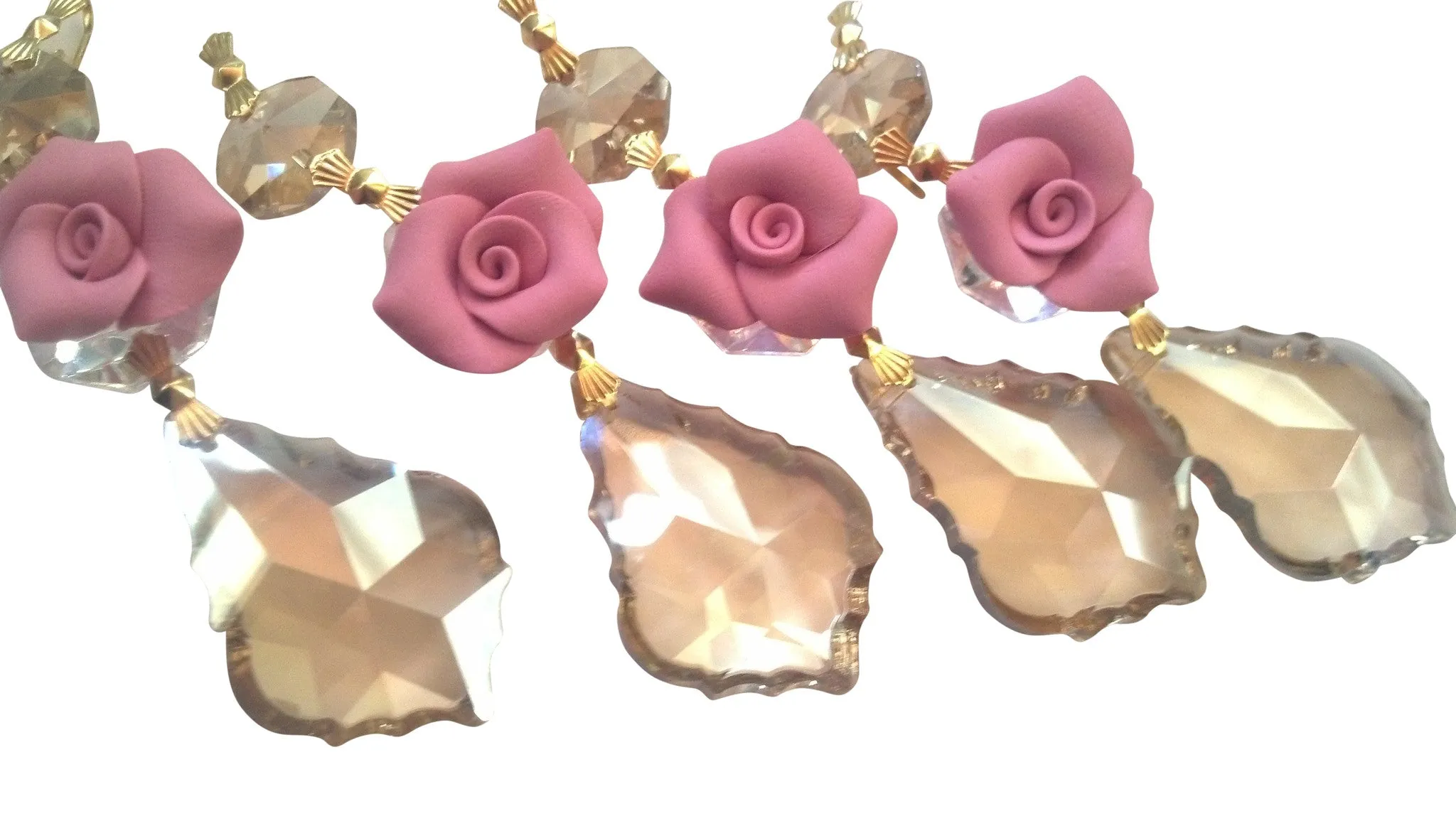 Champagne French Chandelier Crystal Ornaments with Pink Roses, Pack of 5