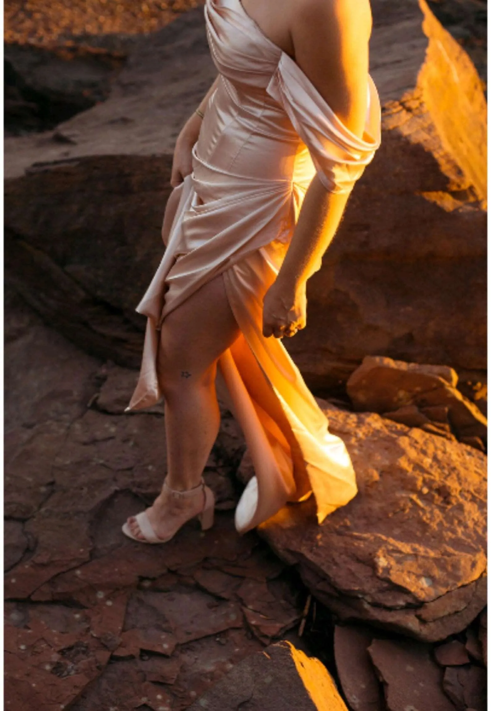 Champaign Pleated Drape Fit & Flare Wedding Dress Leena with Slit