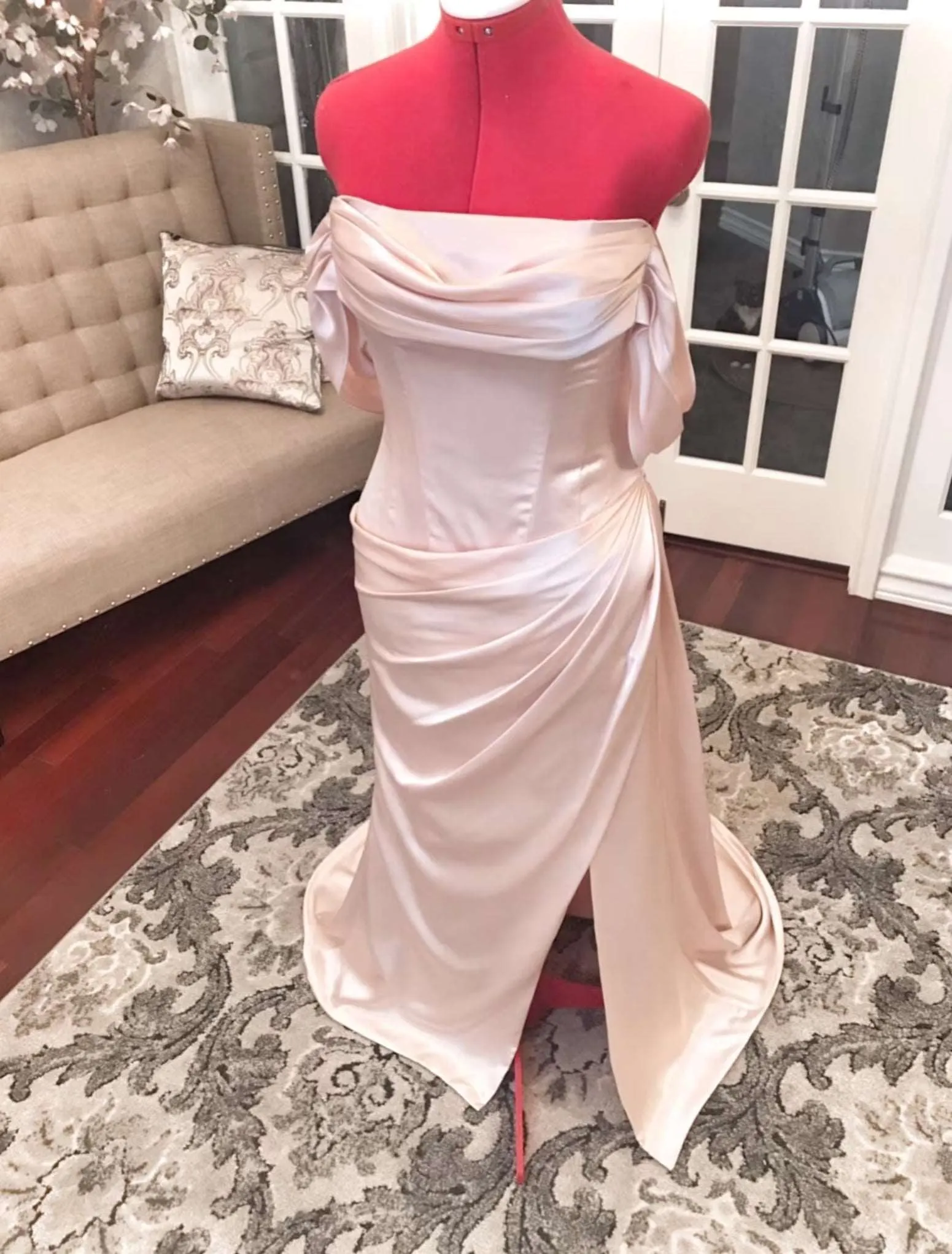 Champaign Pleated Drape Fit & Flare Wedding Dress Leena with Slit
