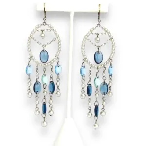 Chandelier Earrings Cool Color Palette with Glass Czech Rhinestone Beads and Simulated Pearls Drop Style