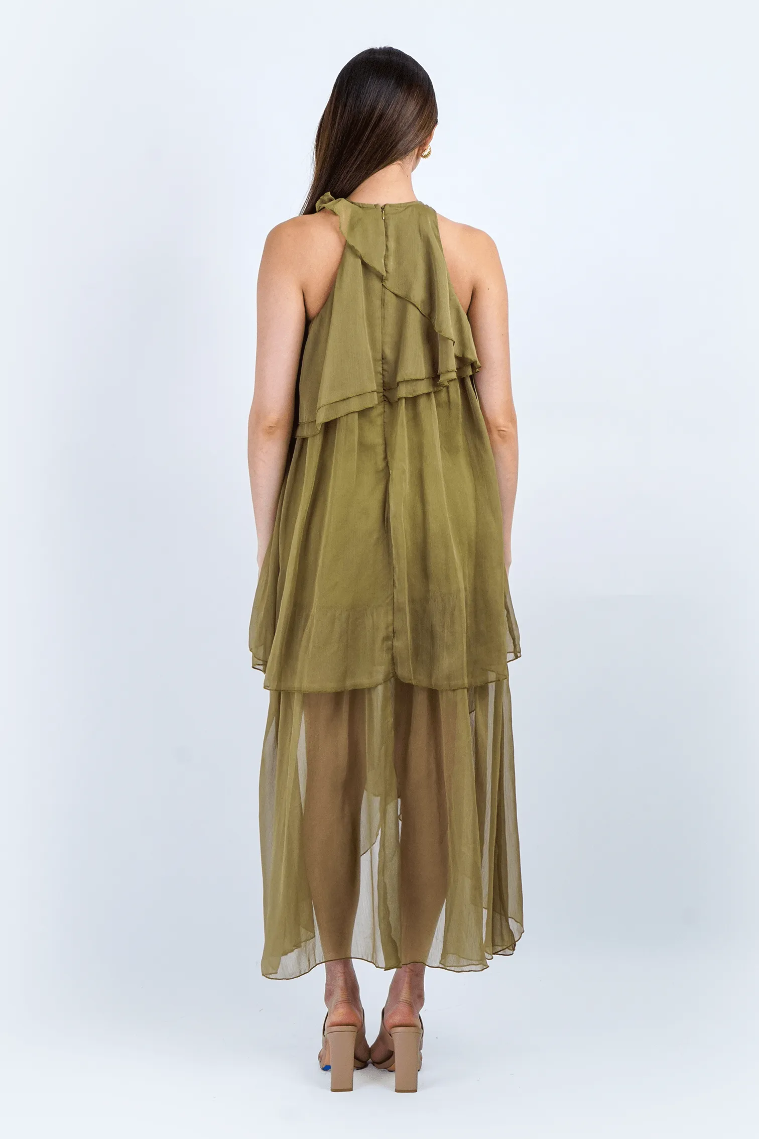 Chartreuse Layered Ruffles Halter Midi Dress
