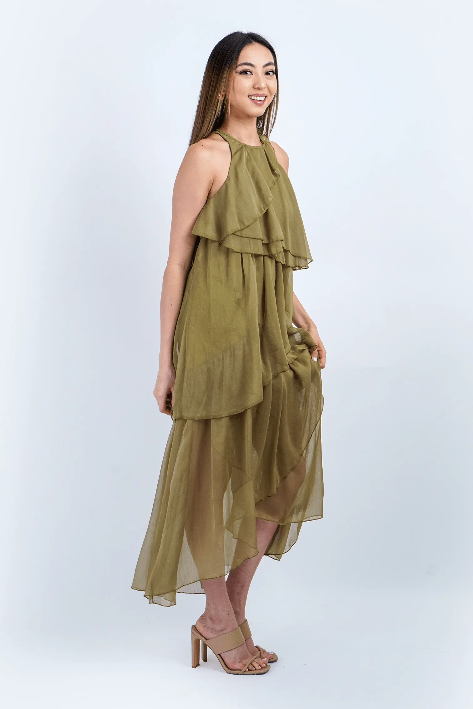 Chartreuse Layered Ruffles Halter Midi Dress