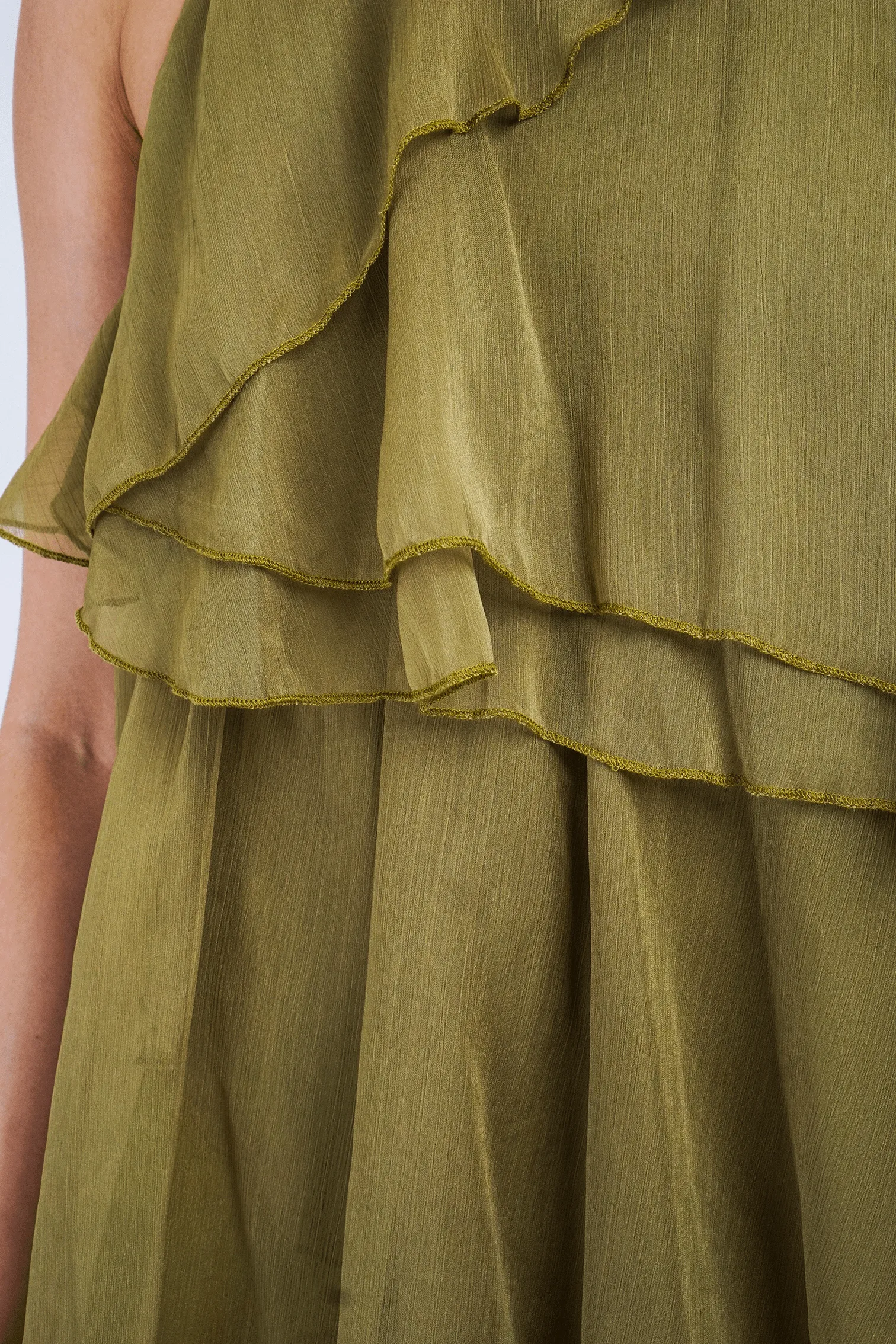 Chartreuse Layered Ruffles Halter Midi Dress