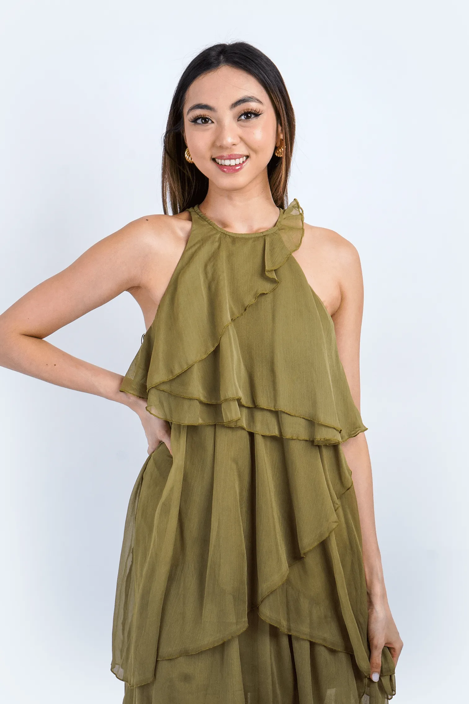 Chartreuse Layered Ruffles Halter Midi Dress
