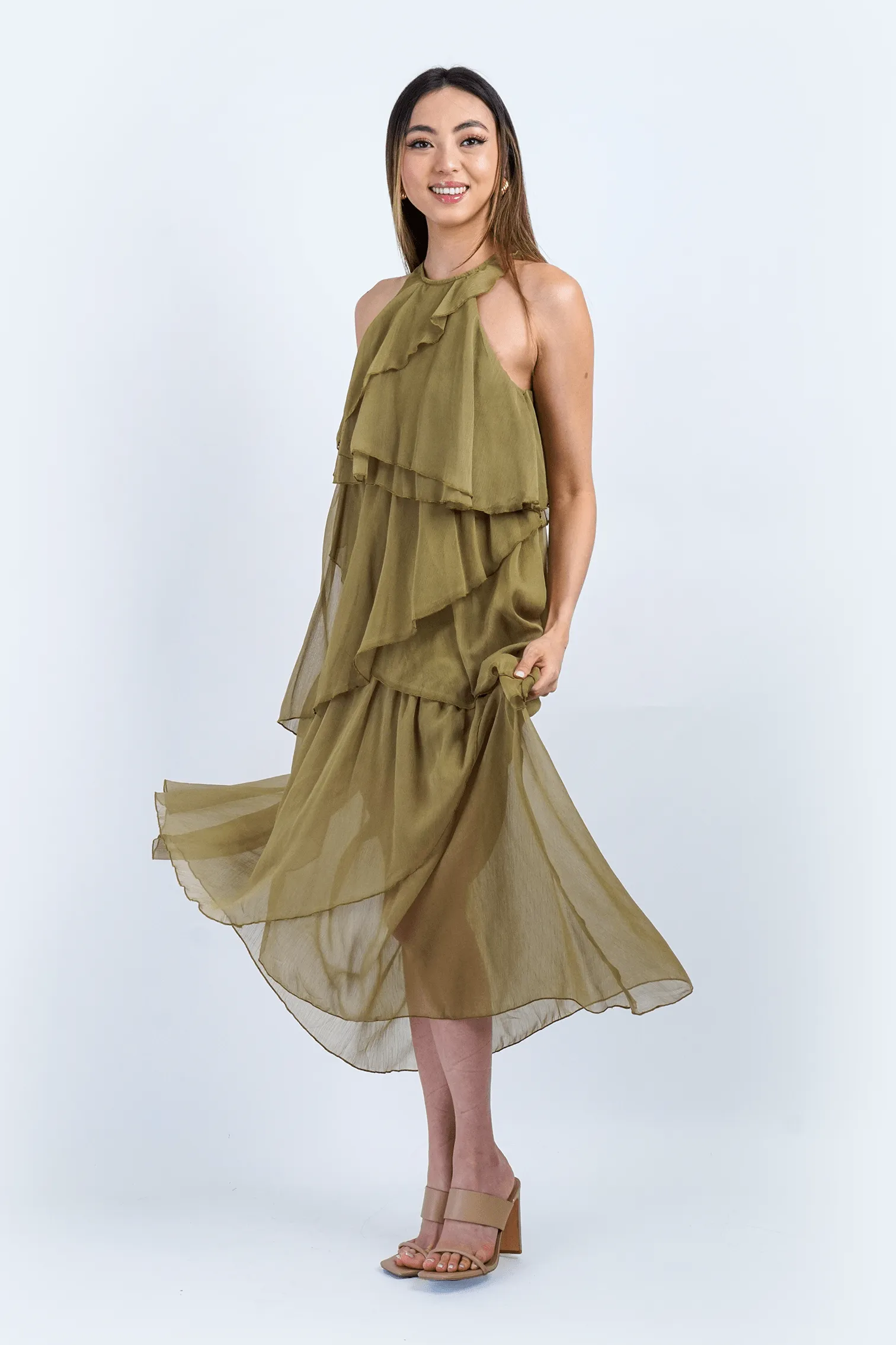 Chartreuse Layered Ruffles Halter Midi Dress