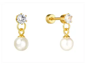 Children's Earrings:  Sweetheart Collection:  Hypoallergenic Steel with 14k Gold IP, White Pearl Dangle Earrings with Screw Backs and Gift Box