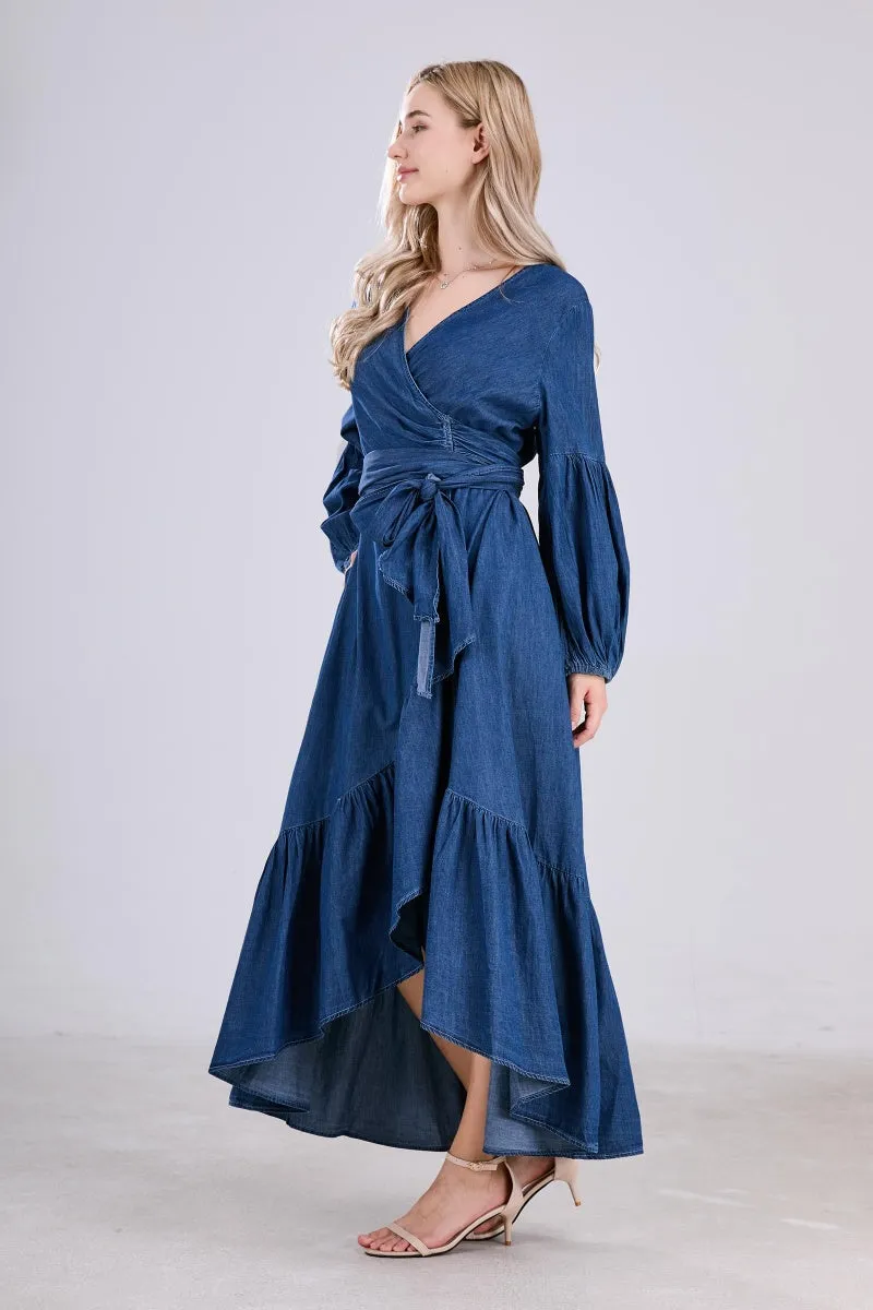 Chouyatou Womens Casual Belted Long Sleeve Denim Dress Wrapped V-Neck Ruffle Hem Maxi Denim Dresses for Women 2025