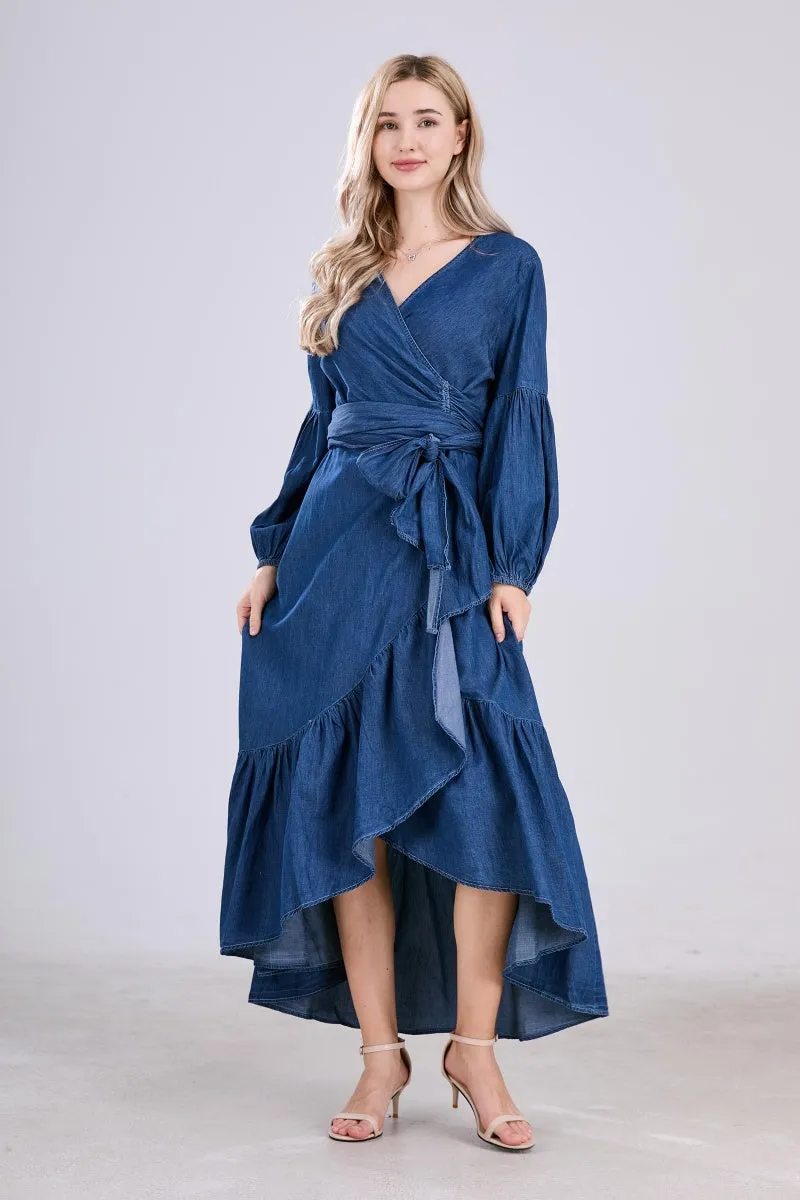 Chouyatou Womens Casual Belted Long Sleeve Denim Dress Wrapped V-Neck Ruffle Hem Maxi Denim Dresses for Women 2025