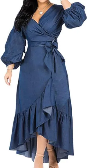 Chouyatou Womens Casual Belted Long Sleeve Denim Dress Wrapped V-Neck Ruffle Hem Maxi Denim Dresses for Women 2025