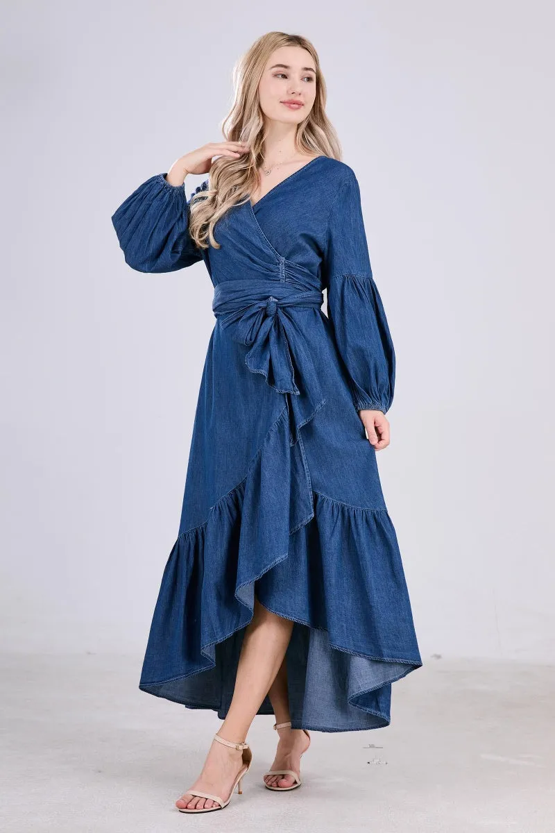 Chouyatou Womens Casual Belted Long Sleeve Denim Dress Wrapped V-Neck Ruffle Hem Maxi Denim Dresses for Women 2025
