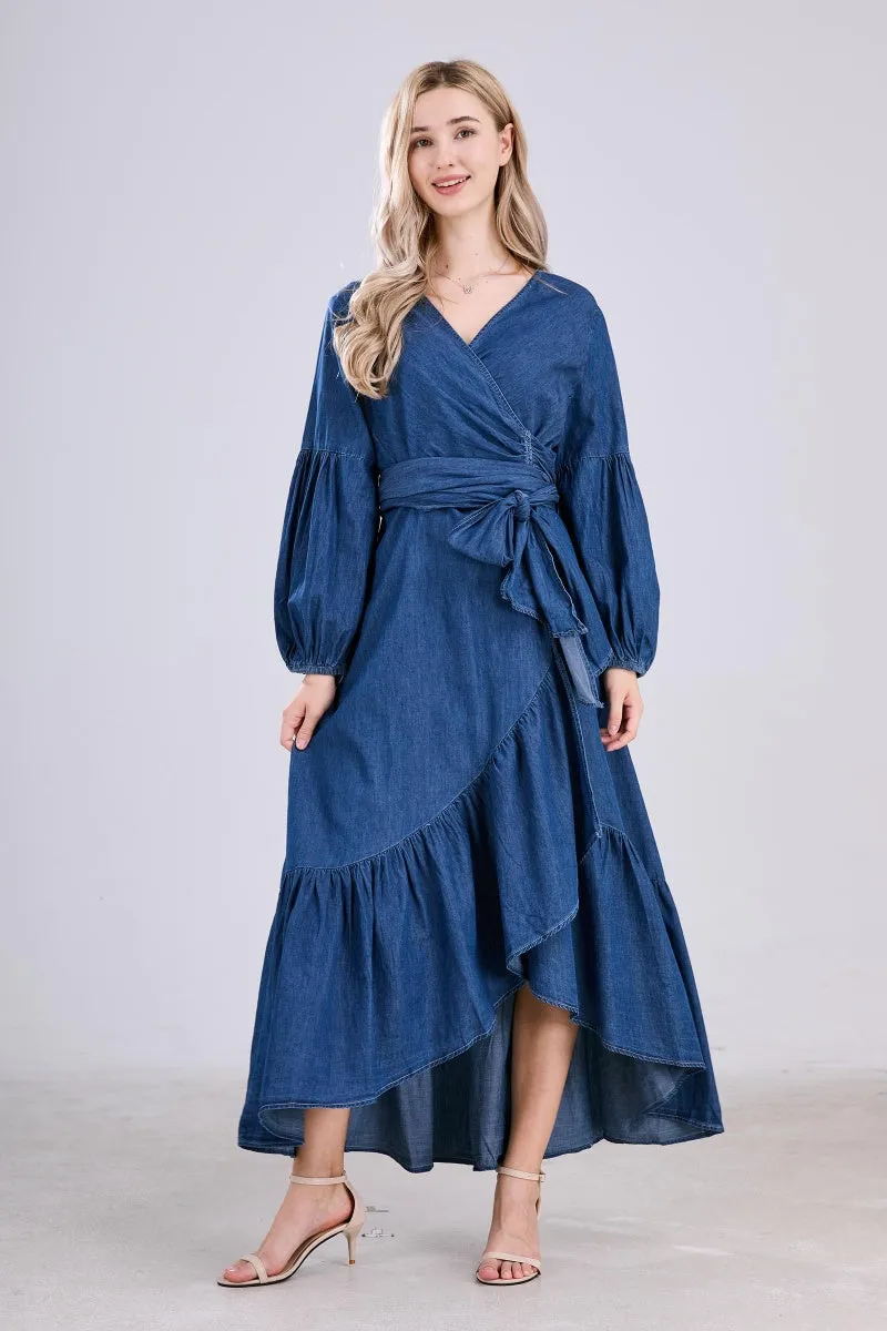 Chouyatou Womens Casual Belted Long Sleeve Denim Dress Wrapped V-Neck Ruffle Hem Maxi Denim Dresses for Women 2025