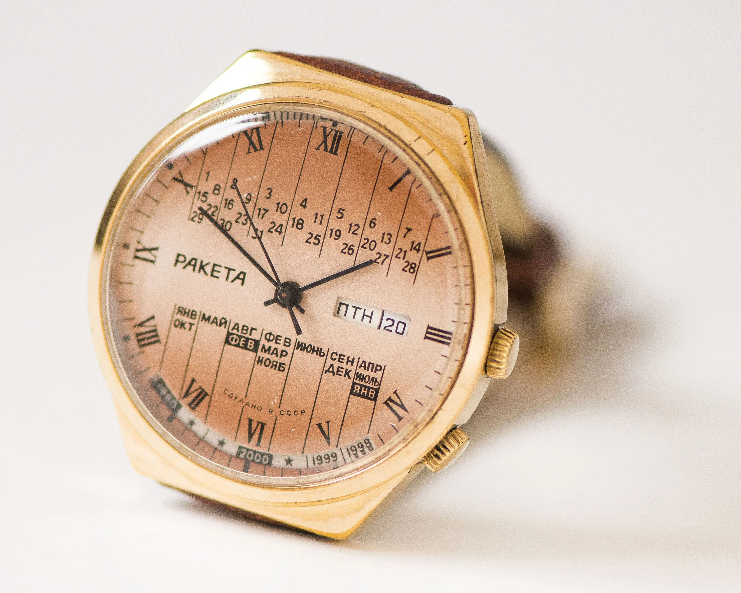 Chunky men's wristwatch Rocket, sandy brown dial watch for men vintage, gold plated perpetual calendar watch gift, new premium leather strap