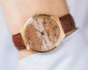 Chunky men's wristwatch Rocket, sandy brown dial watch for men vintage, gold plated perpetual calendar watch gift, new premium leather strap