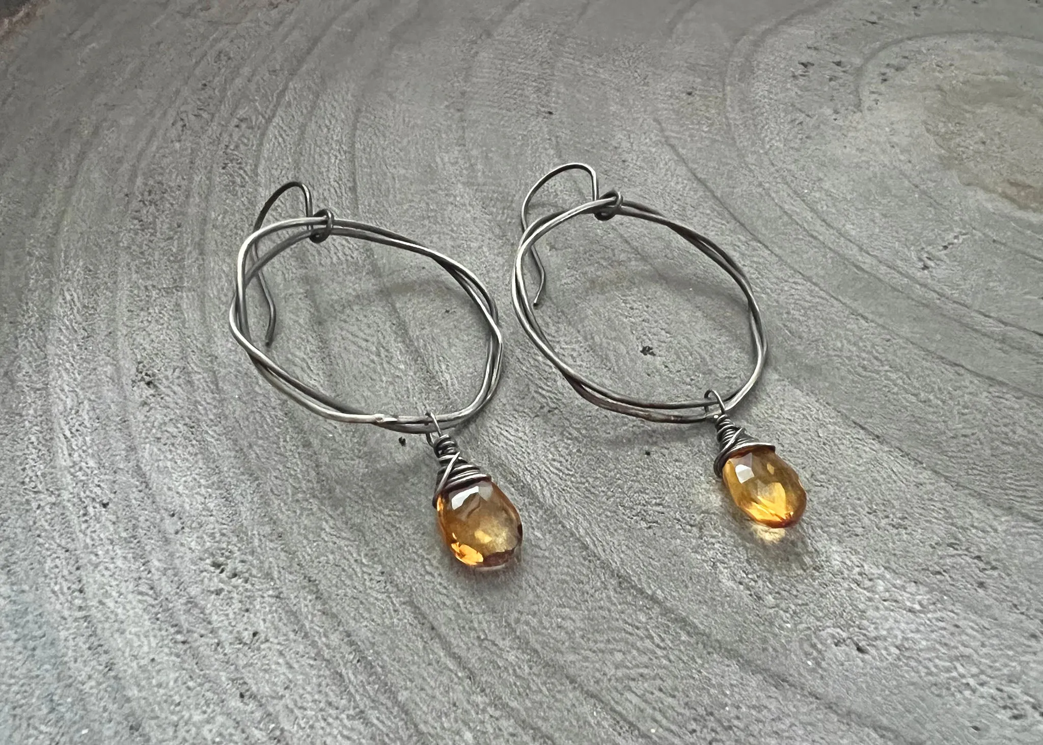 Citrine Oxidized Sterling Silver Organic Circle Dangle Earrings