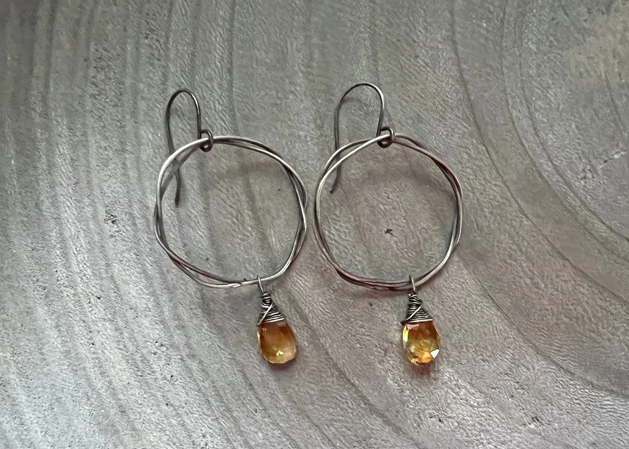 Citrine Oxidized Sterling Silver Organic Circle Dangle Earrings