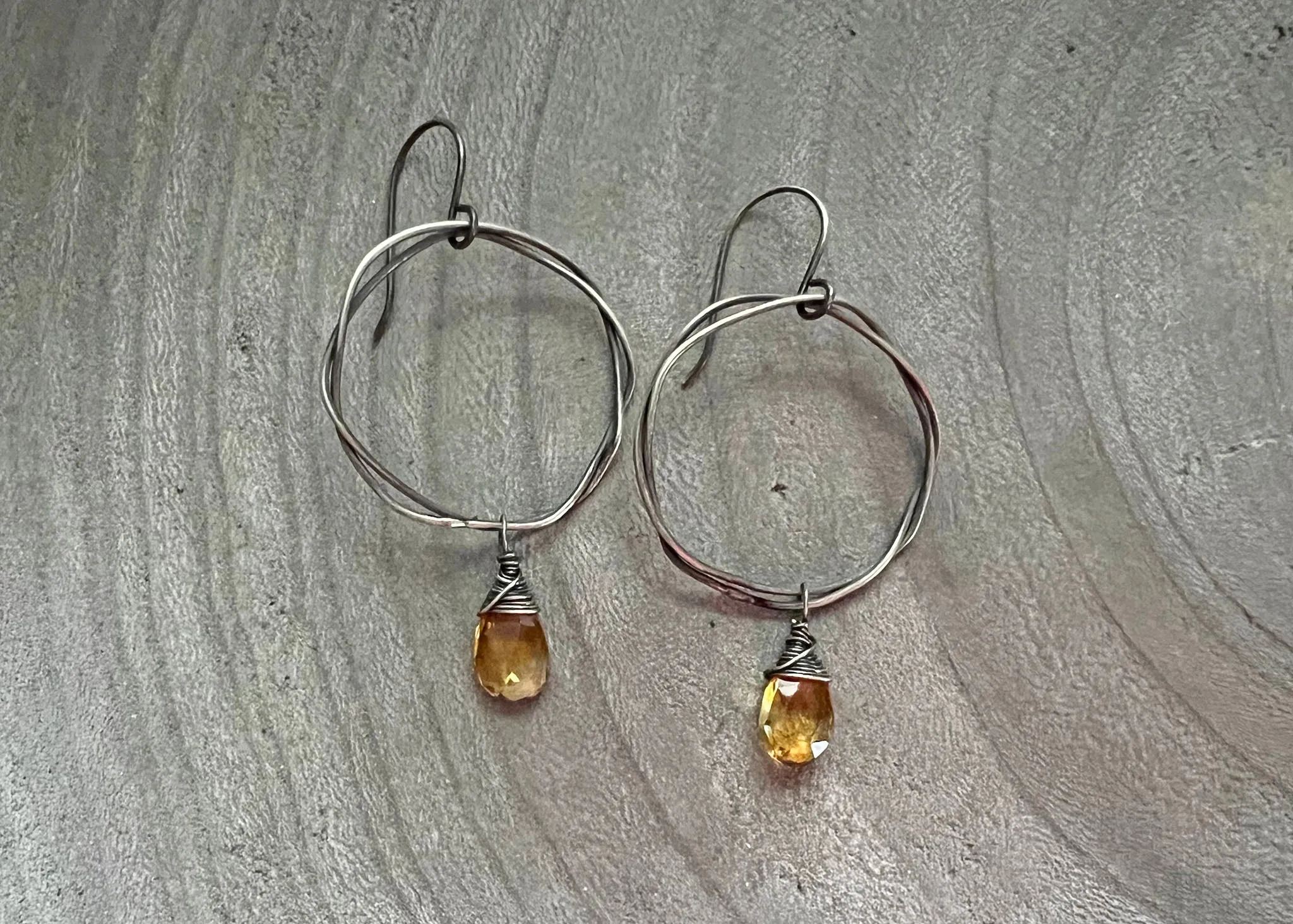 Citrine Oxidized Sterling Silver Organic Circle Dangle Earrings