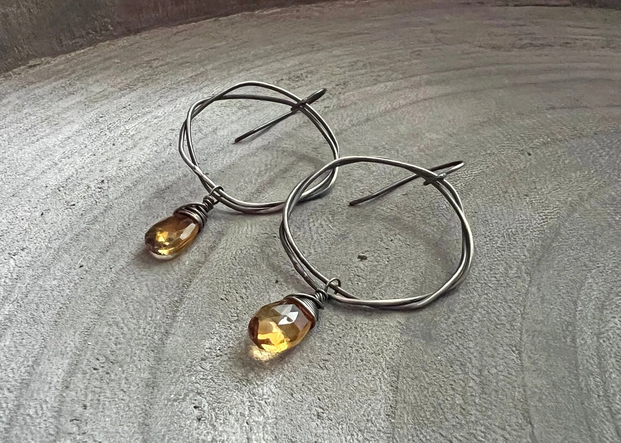 Citrine Oxidized Sterling Silver Organic Circle Dangle Earrings