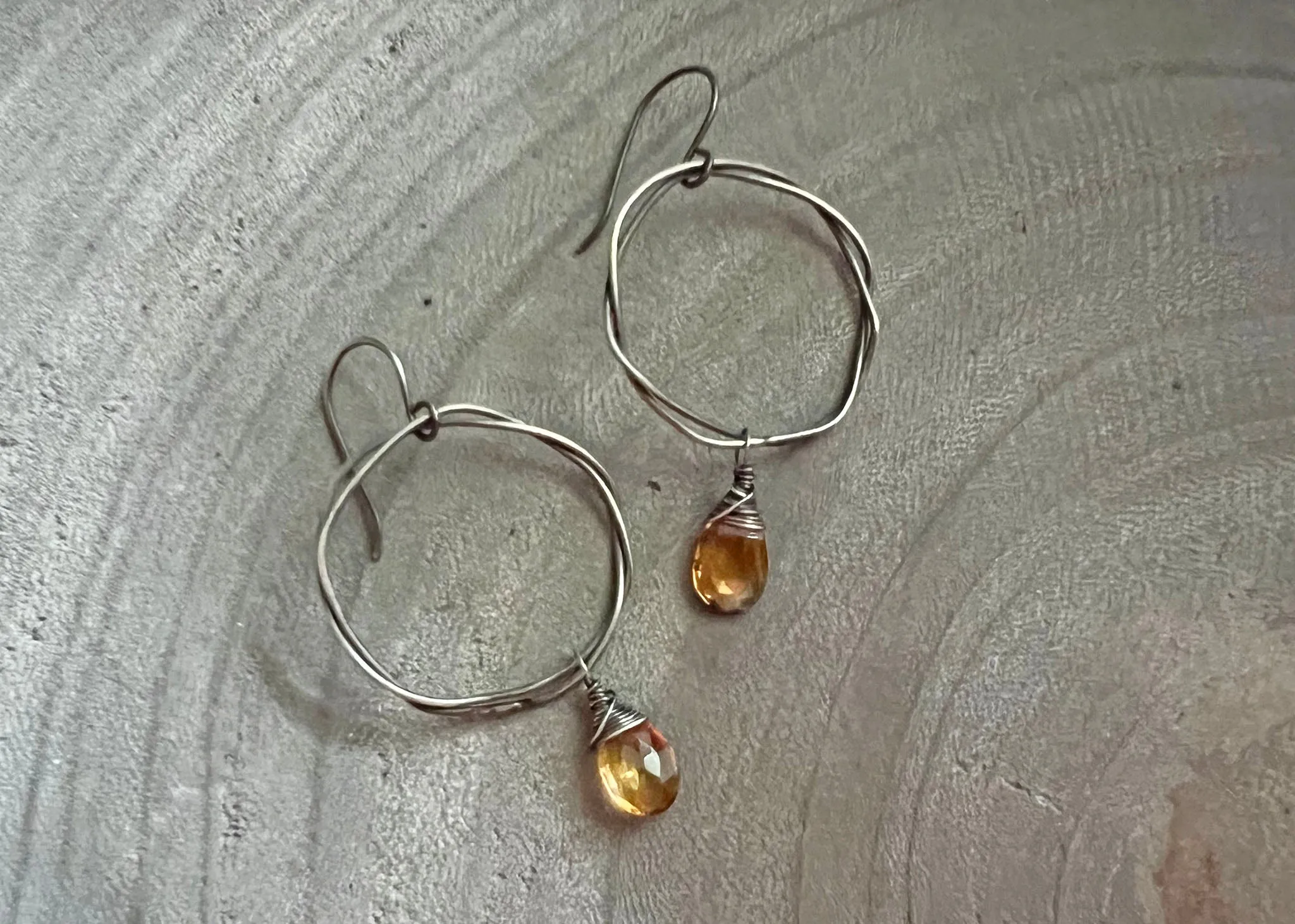Citrine Oxidized Sterling Silver Organic Circle Dangle Earrings