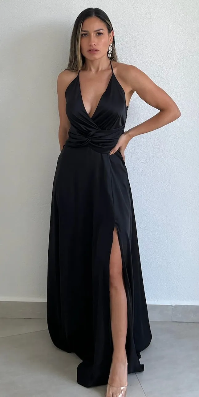 Classy Consideration Black Satin Long Dress