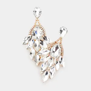 Clear Teardrop Accented Marquise Cluster Stone Pageant Chandelier Earrings on Gold  | Prom Earrings | 540225