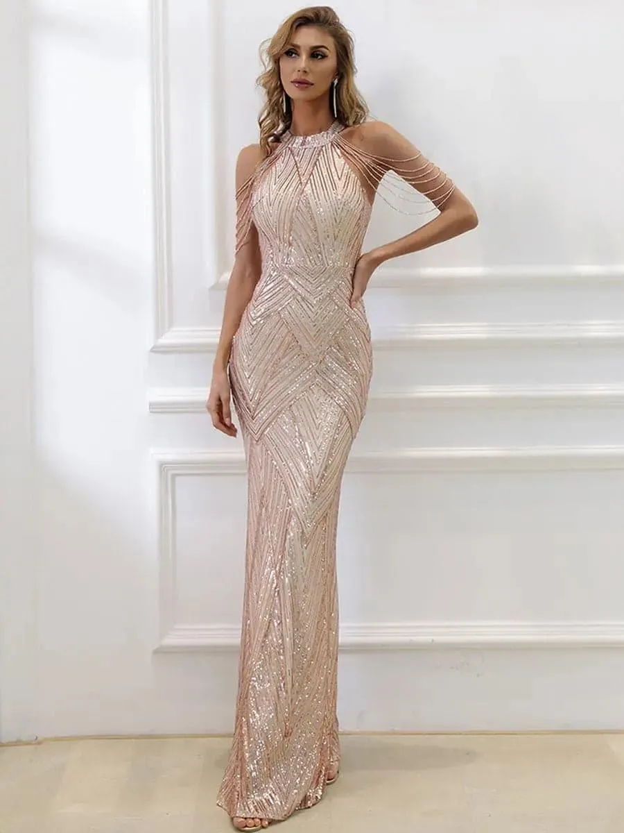Cold Shoulder Beads Chain Cocktail Dress M01081