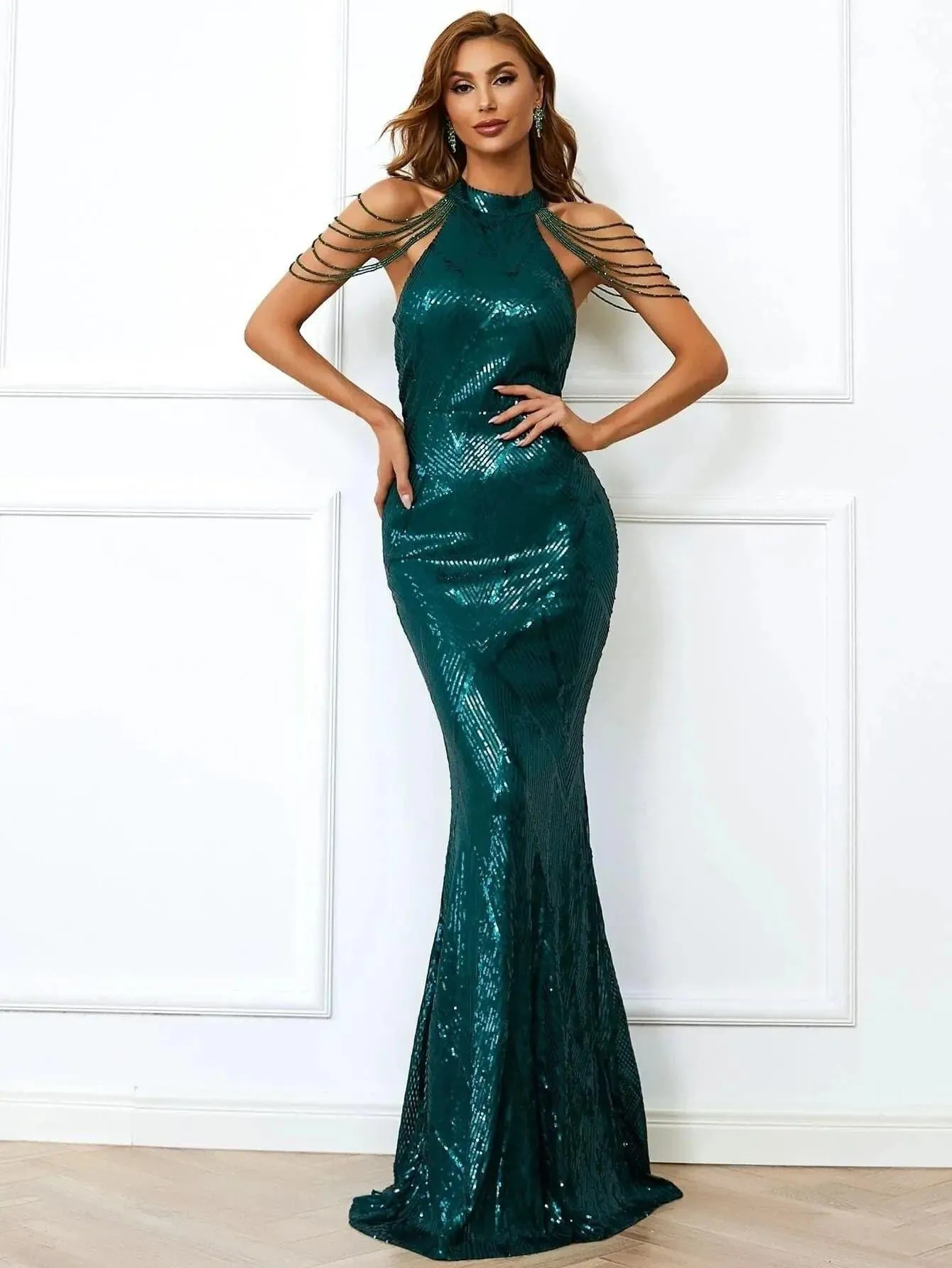 Cold Shoulder Beads Chain Cocktail Dress M01081