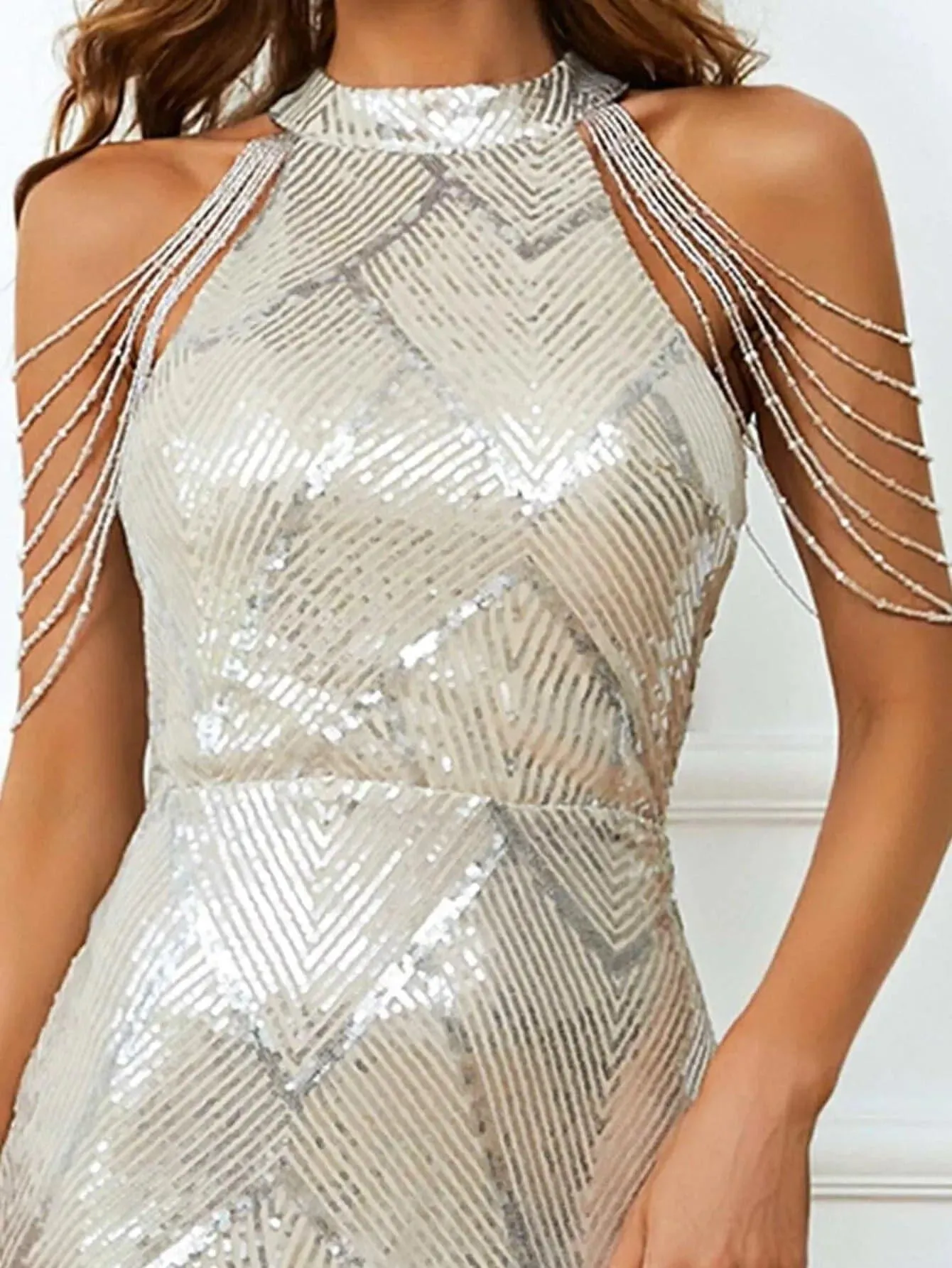 Cold Shoulder Beads Chain Cocktail Dress M01081
