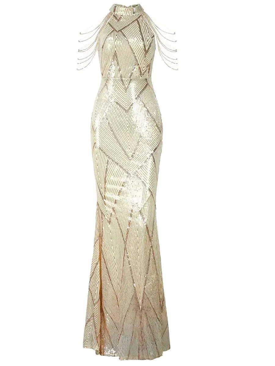 Cold Shoulder Beads Chain Cocktail Dress M01081